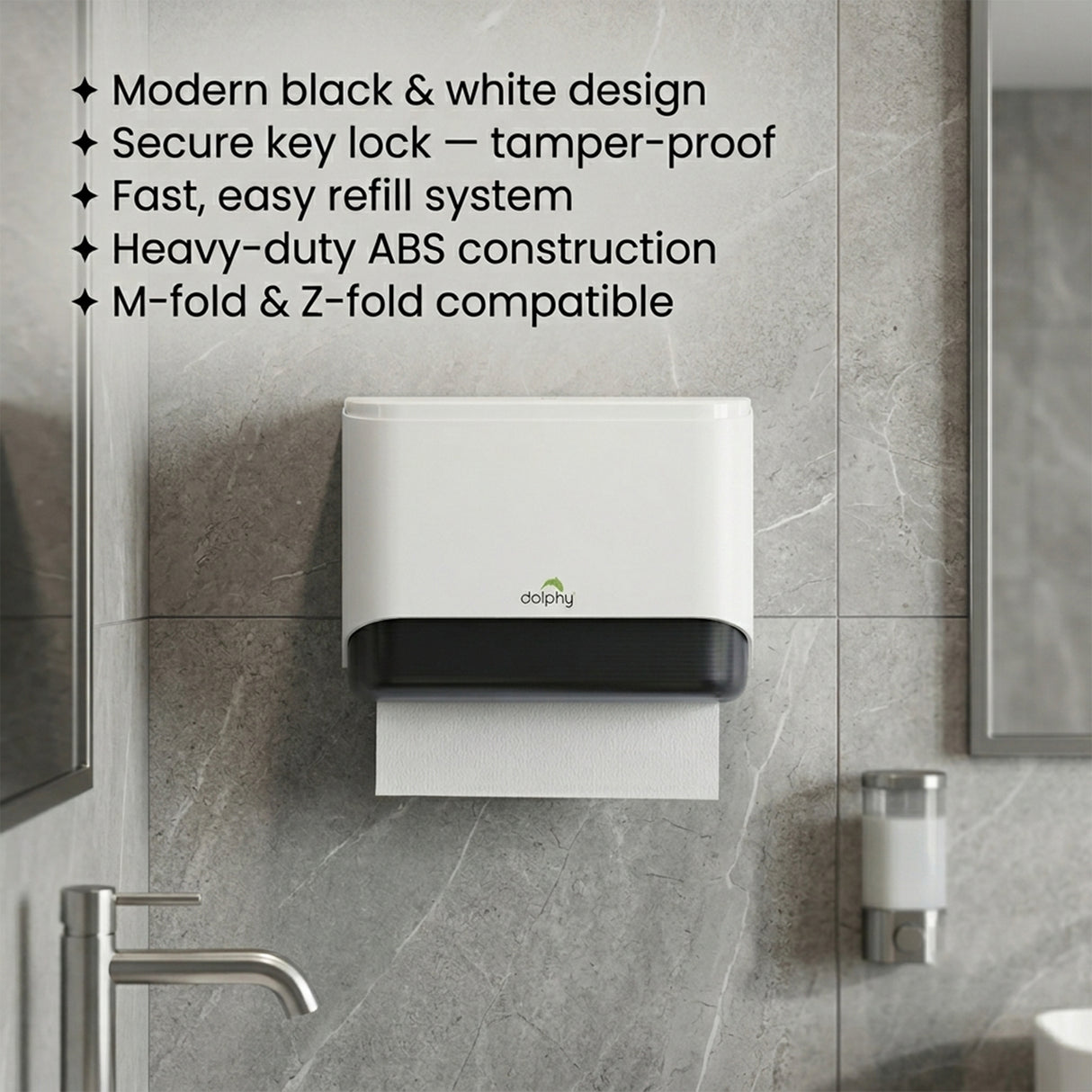 Dolphy Multifold ABS Paper Towel Dispenser – White, Lockable Wall Mount for M-Fold and Z-Fold Towels