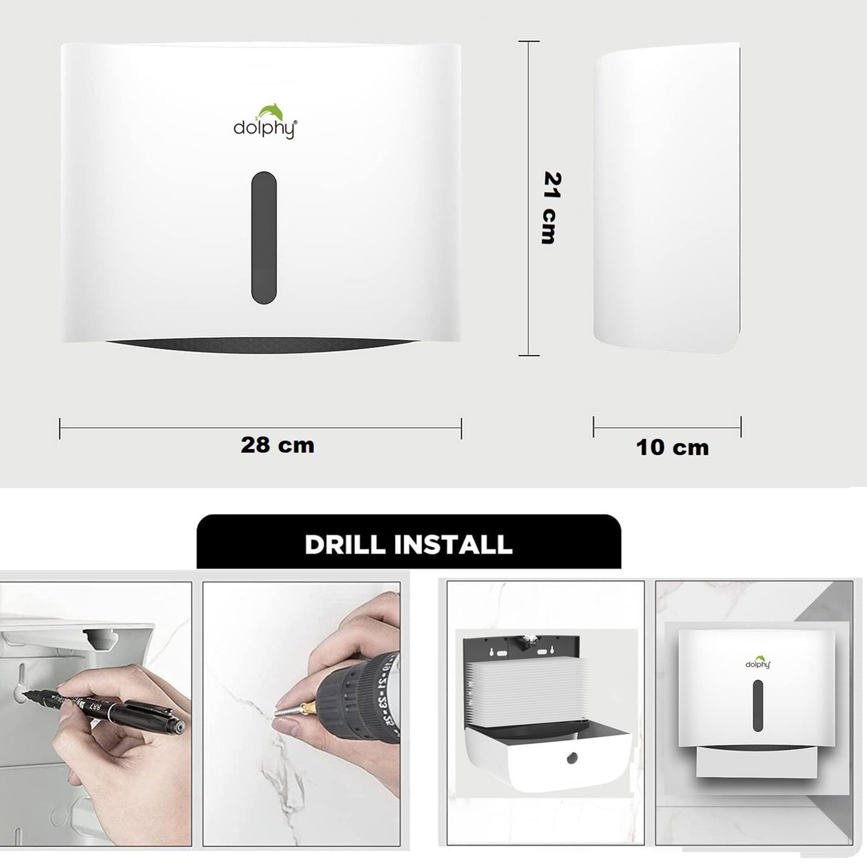 Dolphy Secure Lock ABS Hand Paper Towel Dispenser – White, Wall Mounted for M-Fold & Z-Fold Towels