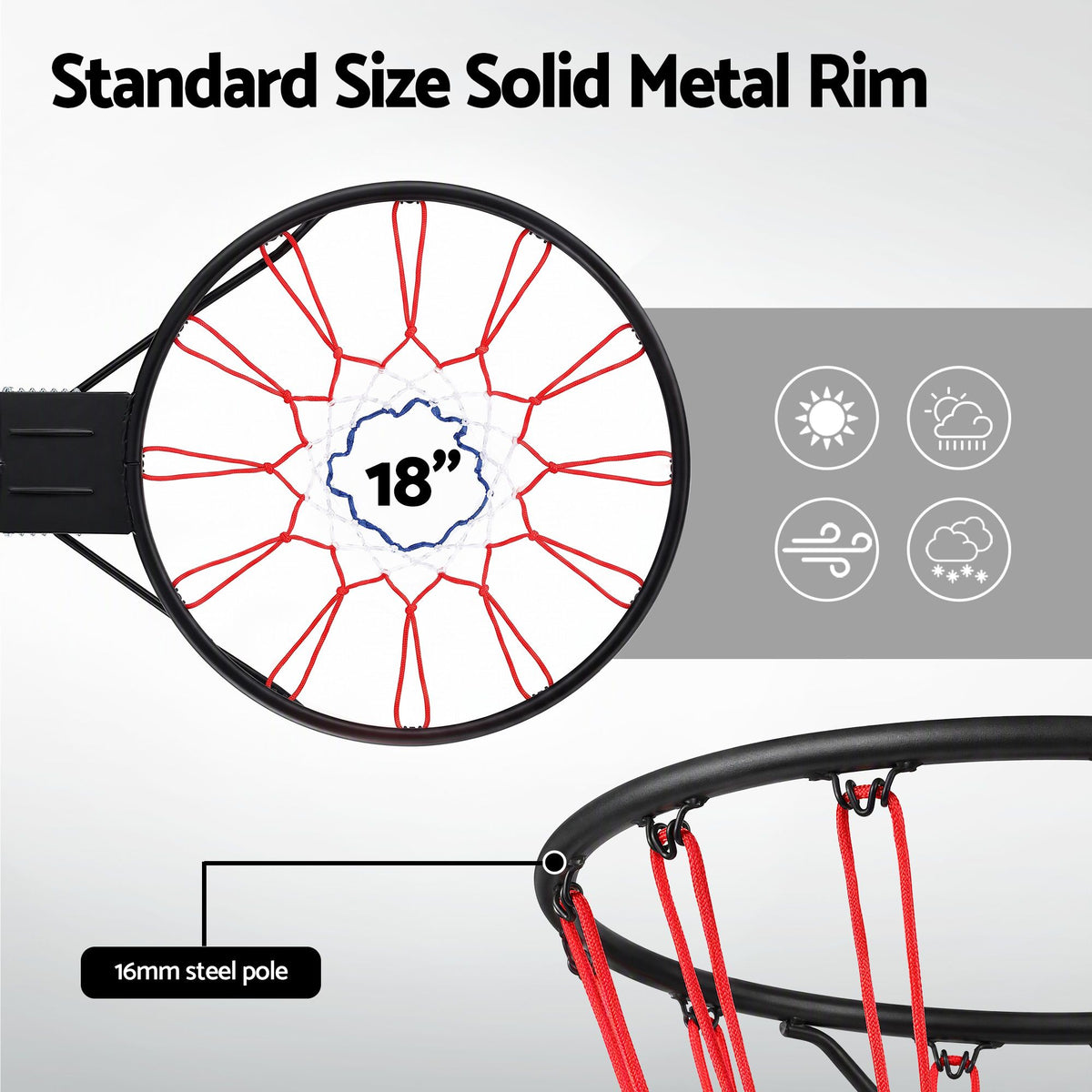 Everfit Basketball Hoop Ring 45cm Wall Mounted Steel Rim with Net and Twin Springs for Outdoor Practice Black