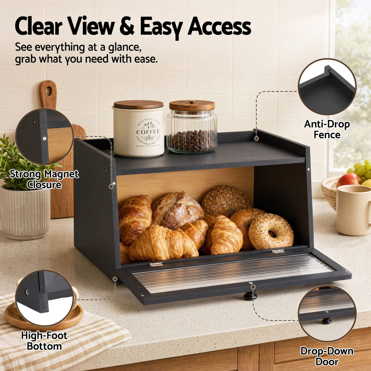 Artiss Bamboo Bread Box Kitchen Countertop Storage Clear Window Shelf 40cm Black