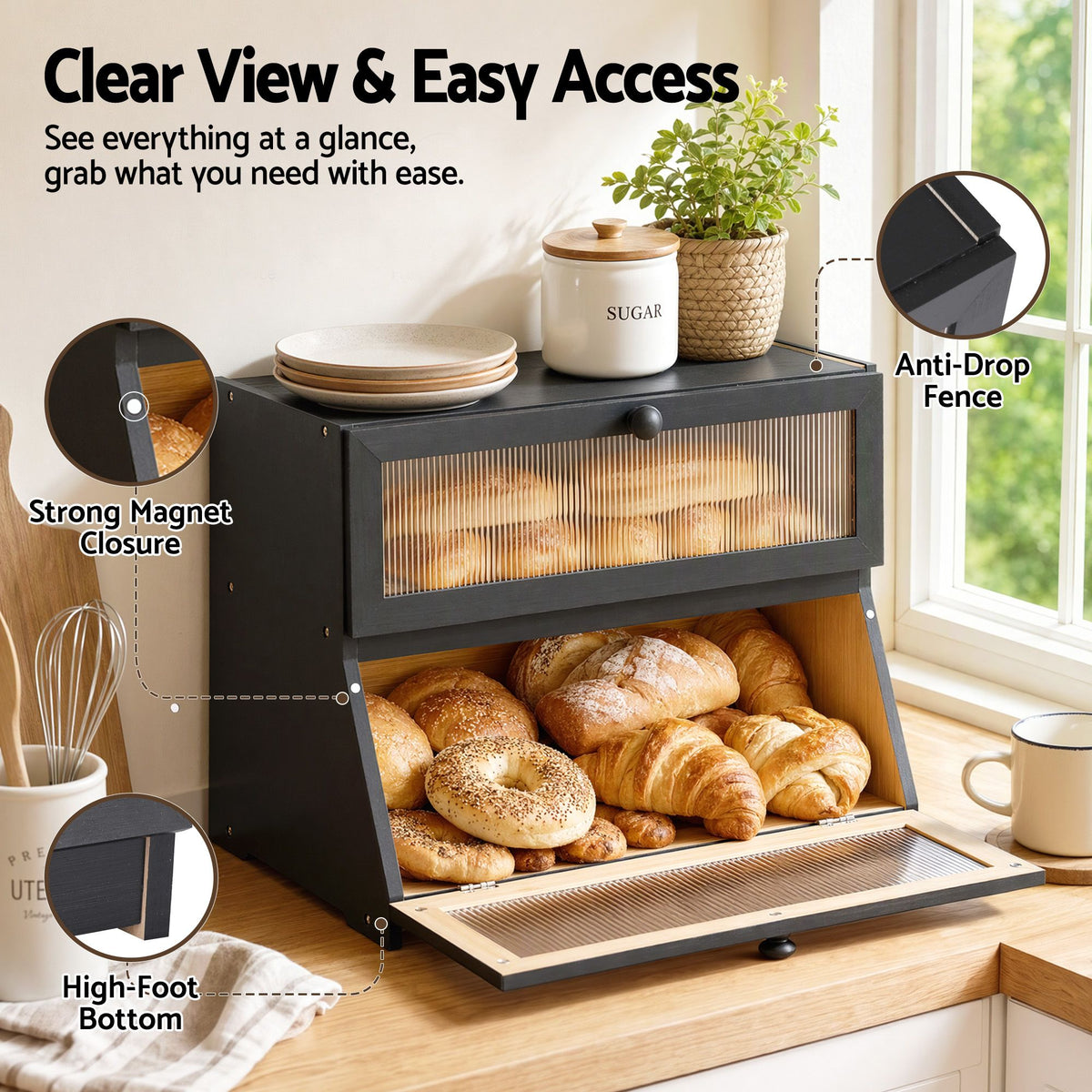 Artiss Bamboo Bread Box 2-Tier Kitchen Countertop Storage 40cm Black