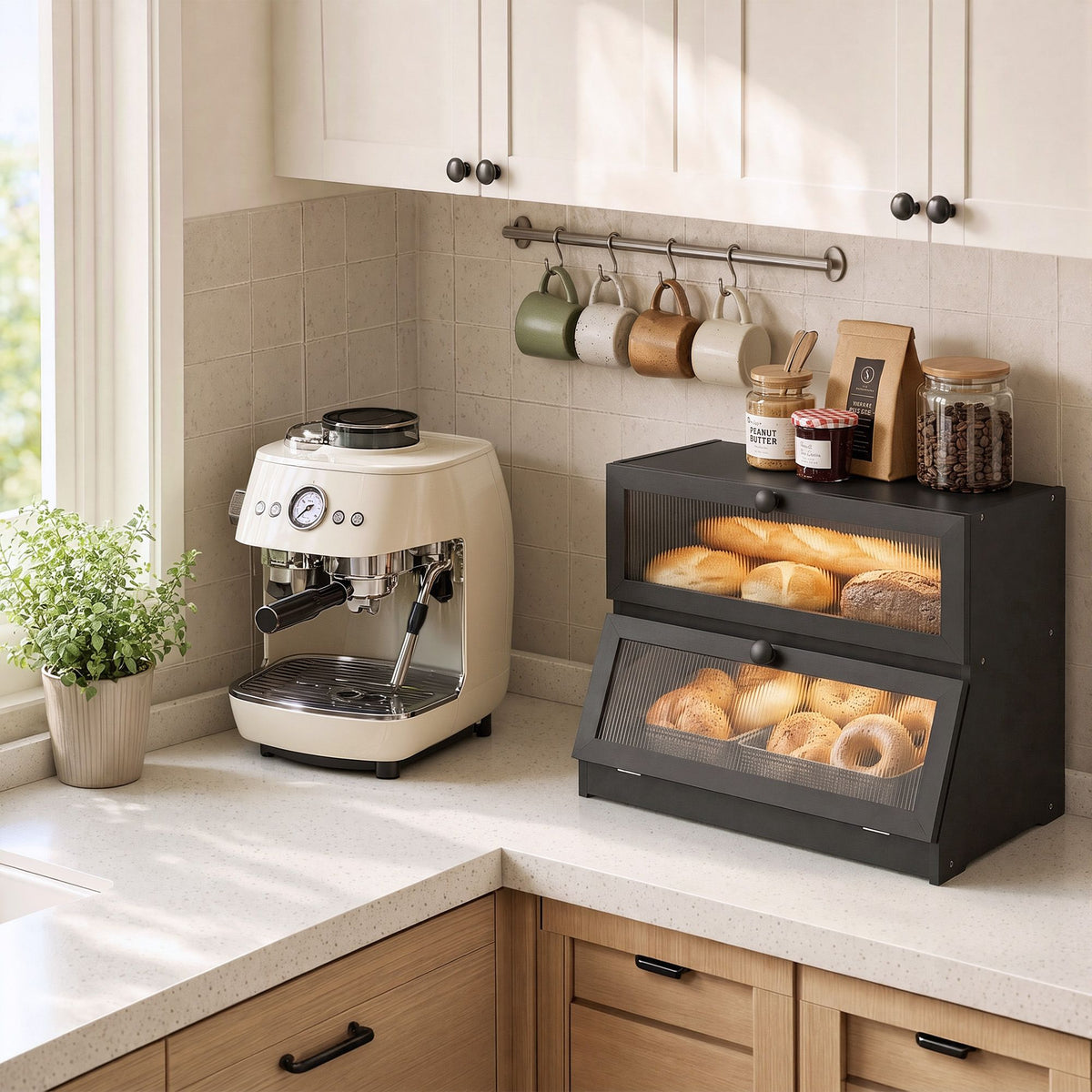 Artiss Bamboo Bread Box 2-Tier Kitchen Countertop Storage 40cm Black