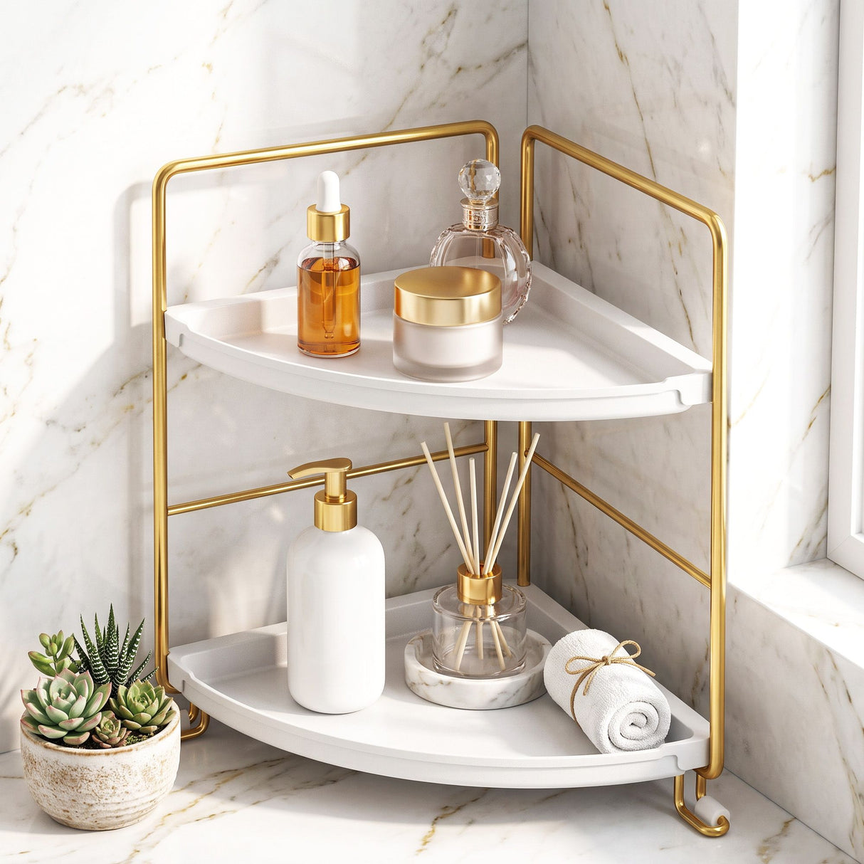 Artiss Bathroom Corner Shelf Countertop Organiser Vanity Storage Rack White Gold