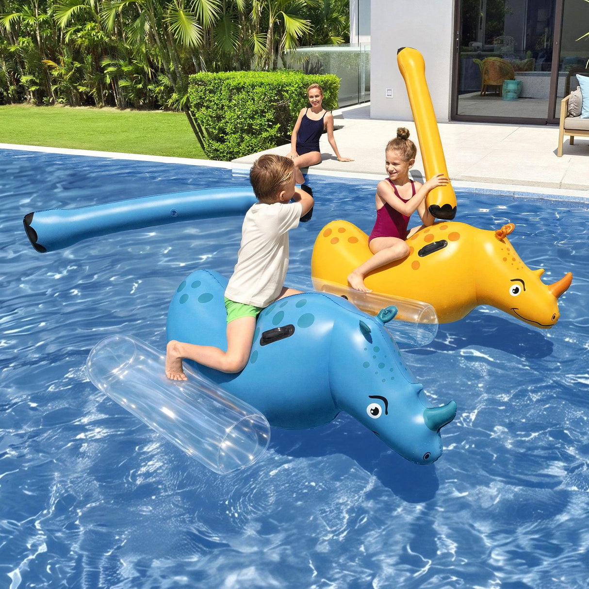 Bestway Kids Rhino Inflatable Ride-On Pool Float Toy Set of 2 with Boppers