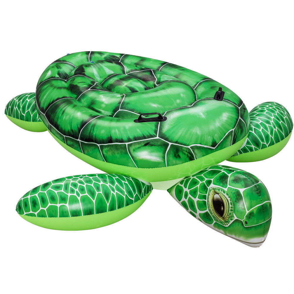 Green inflatable turtle ride-on pool float with two grab handles on the shell.
