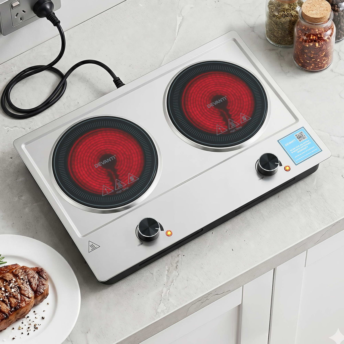 Devanti 2 burner ceramic cooktop, 2400W, black glass