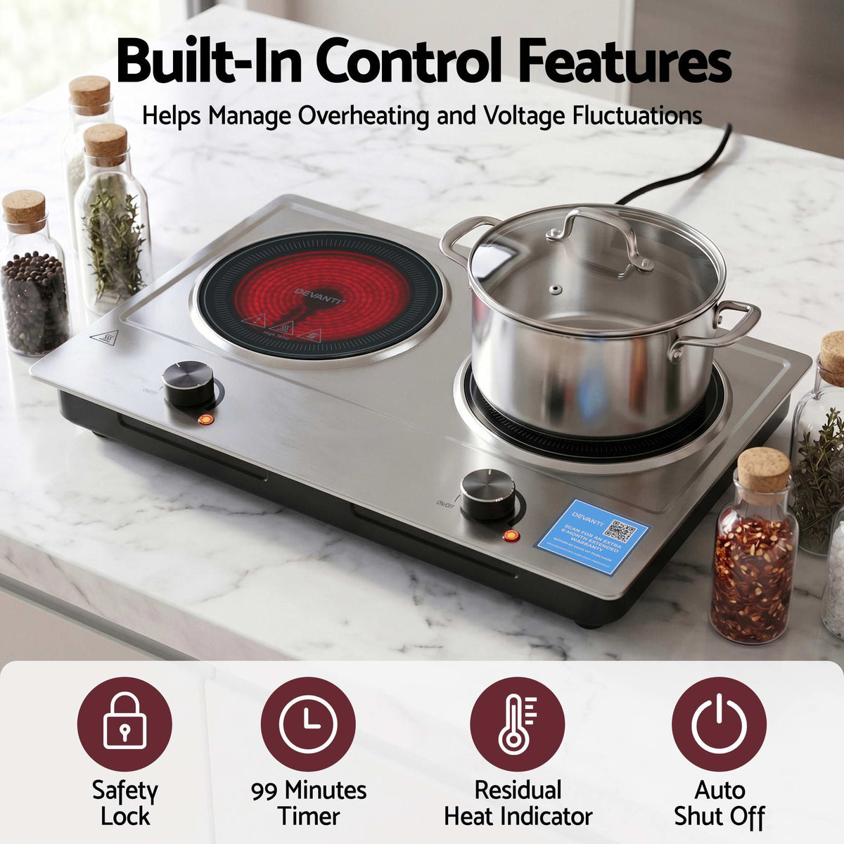 Devanti 2 burner ceramic cooktop, 2400W, black glass
