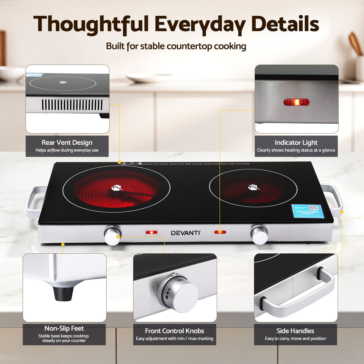 Devanti Portable Ceramic Cooktop Dual Burner Electric Hot Plate 2800W Black