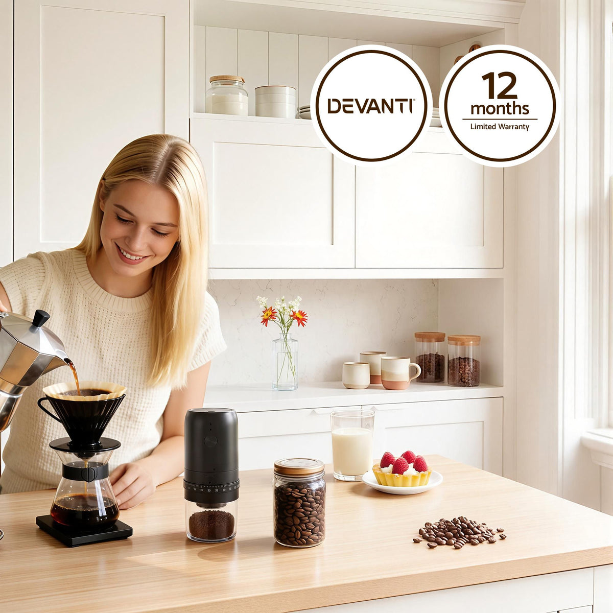 Devanti portable rechargeable electric coffee grinder, black