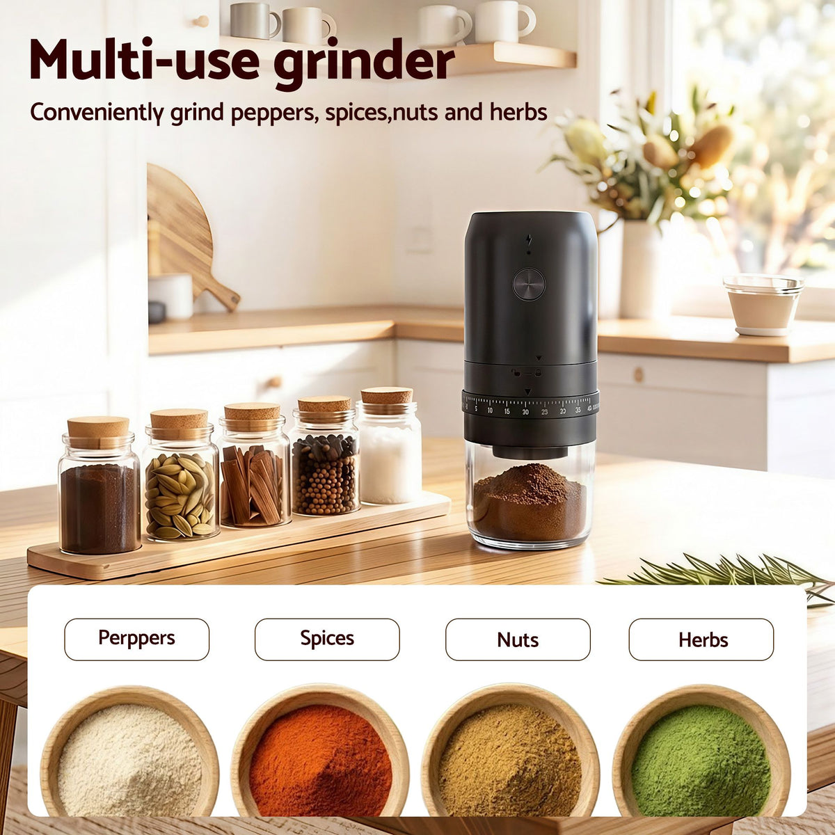 Devanti portable rechargeable electric coffee grinder, black