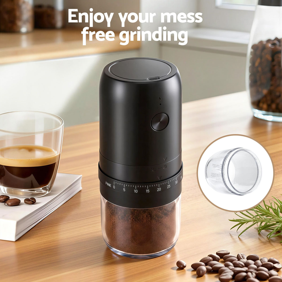 Devanti portable rechargeable electric coffee grinder, black