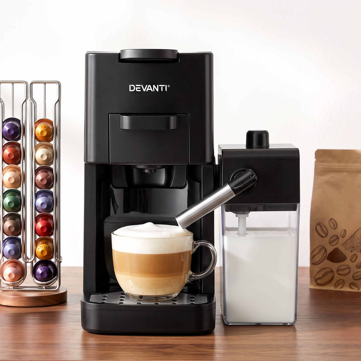 Devanti Capsule Coffee Pod Machine with Milk Frother, Black.