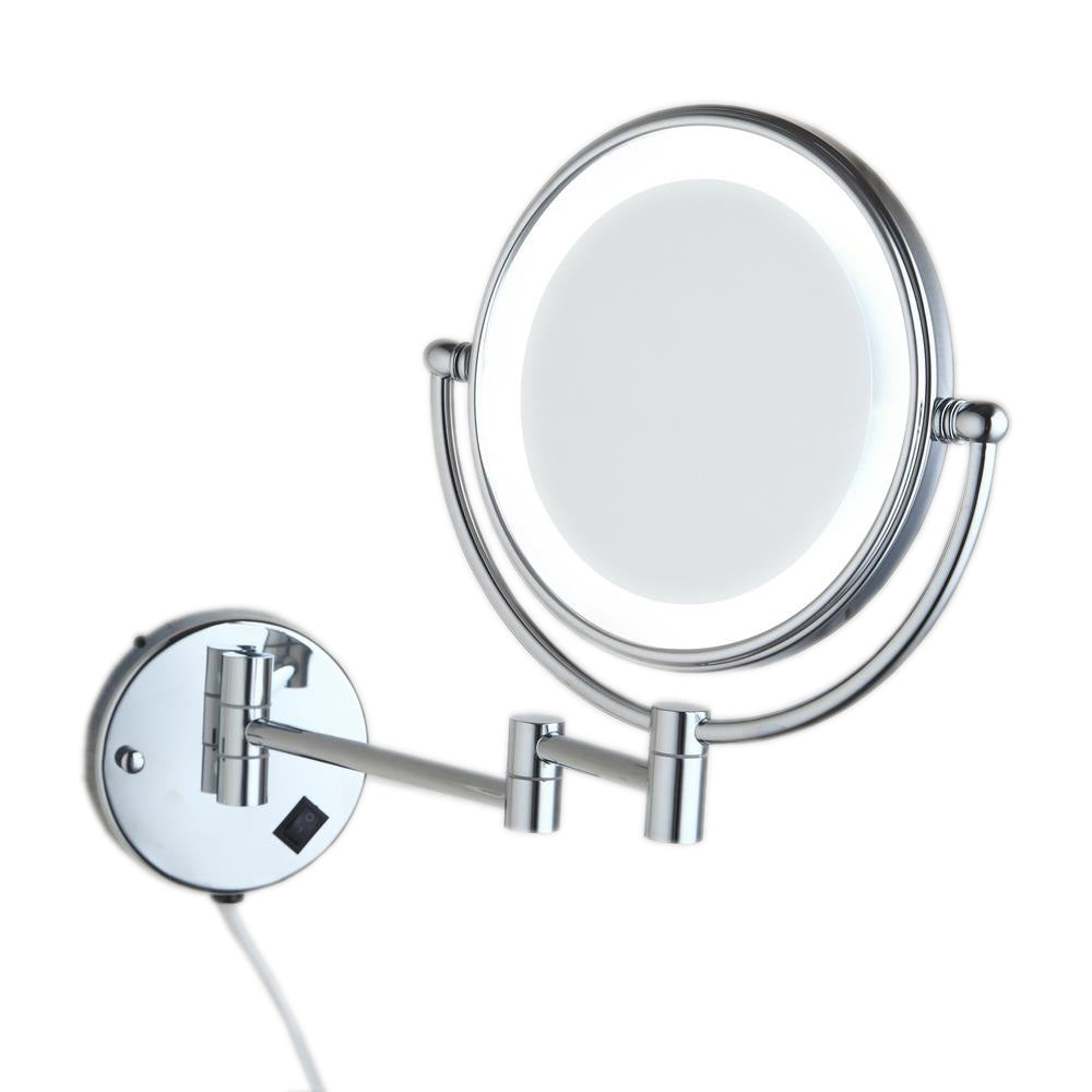 Dolphy Dual Sided LED Lighted Wall Mounted Makeup Mirror 8-Inch – 1X & 5X Magnification, Extendable Arm, 360 Swivel, Energy-Efficient Halo Lighting, Chrome Finish – Ideal for Bathrooms, Hotels & Salons