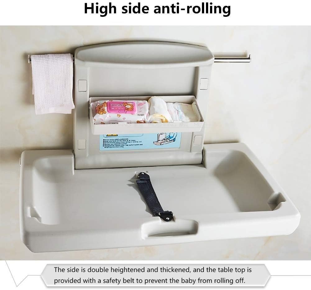 Dolphy Wall-Mounted Baby Change Station – 85.5x56x49.7 cm Grey Waterproof HDPE Table, Heavy-Duty, Microbe-Resistant, Space-Saving Design with Safety Belt & Storage Hooks