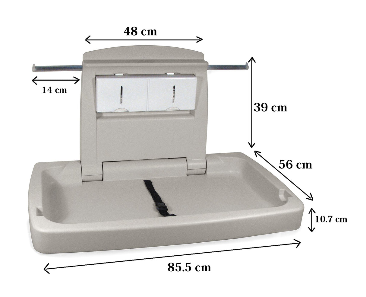 Dolphy Wall-Mounted Baby Change Station – 85.5x56x49.7 cm Grey Waterproof HDPE Table, Heavy-Duty, Microbe-Resistant, Space-Saving Design with Safety Belt & Storage Hooks