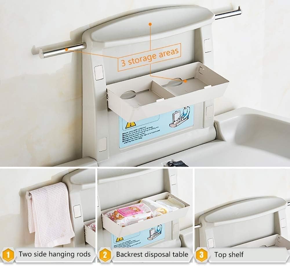Dolphy Wall-Mounted Baby Change Station – 85.5x56x49.7 cm Grey Waterproof HDPE Table, Heavy-Duty, Microbe-Resistant, Space-Saving Design with Safety Belt & Storage Hooks