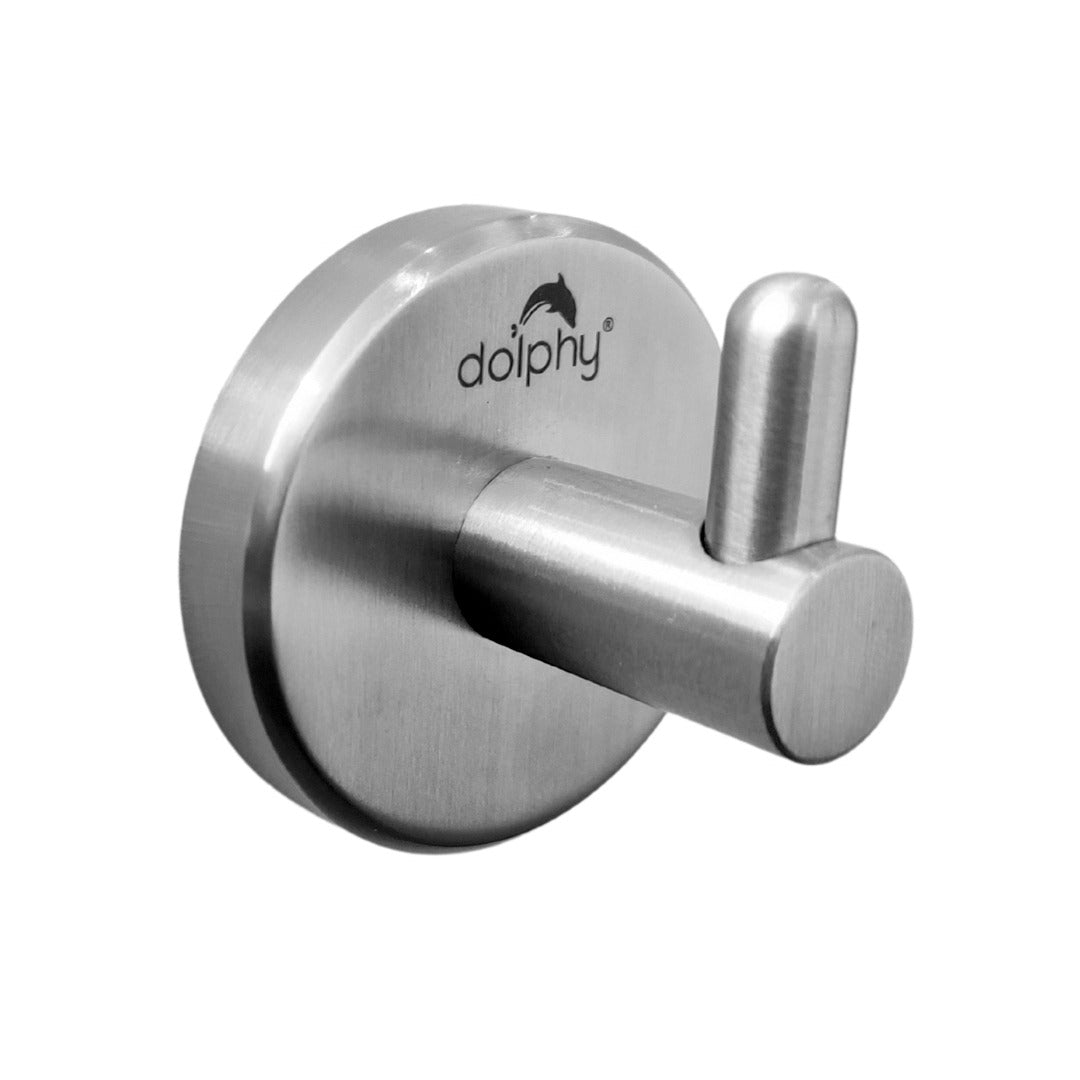 Dolphy Stainless Steel Single Robe Hook – Brushed Finish, Wall Mounted Bathroom Hook for Robes, Towels, Clothes & Accessories – Durable & Sleek Design