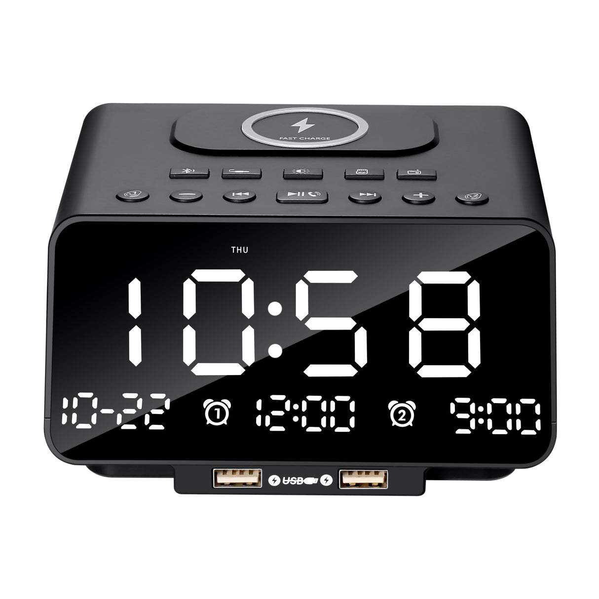 Dolphy Bluetooth LED Alarm Clock Radio Dock Station – Black ABS, Dual USB Outputs, FM Radio, LED Display, Wireless Streaming, Multi-Source Playback for Home or Hotel Use