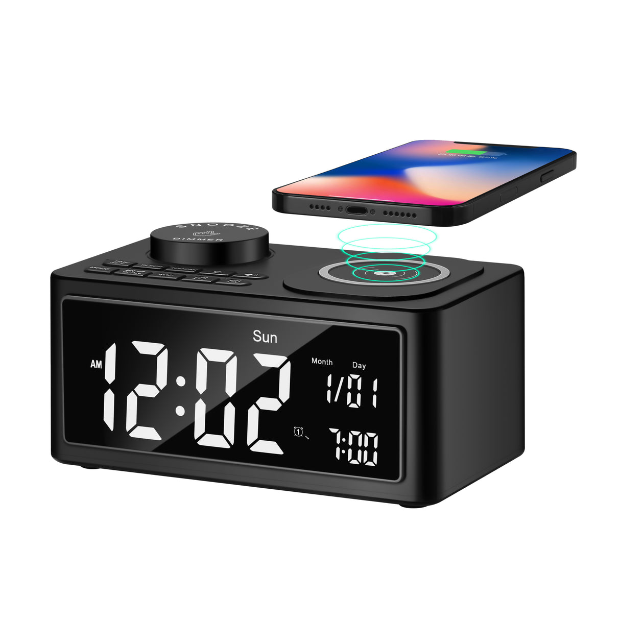 Dolphy Bluetooth Wireless Charging Clock Radio Dock Station – Black ABS, Compact Bedside Speaker with Stereo Sound, Built-in Clock & Smartphone Charging for Home or Hotel