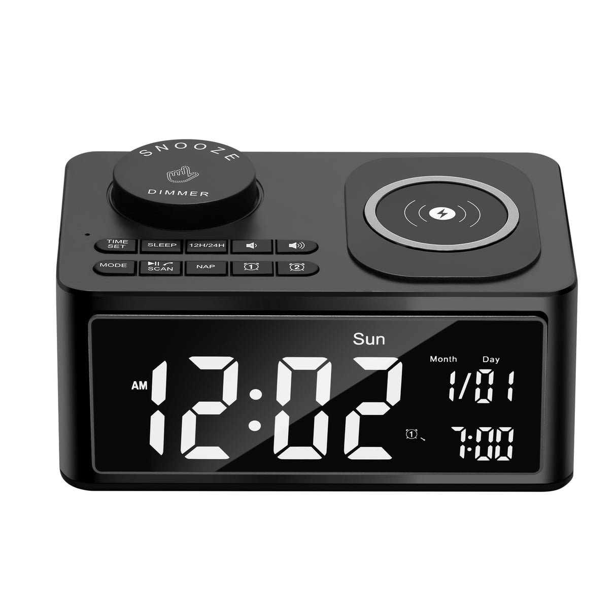 Dolphy Bluetooth Wireless Charging Clock Radio Dock Station – Black ABS, Compact Bedside Speaker with Stereo Sound, Built-in Clock & Smartphone Charging for Home or Hotel