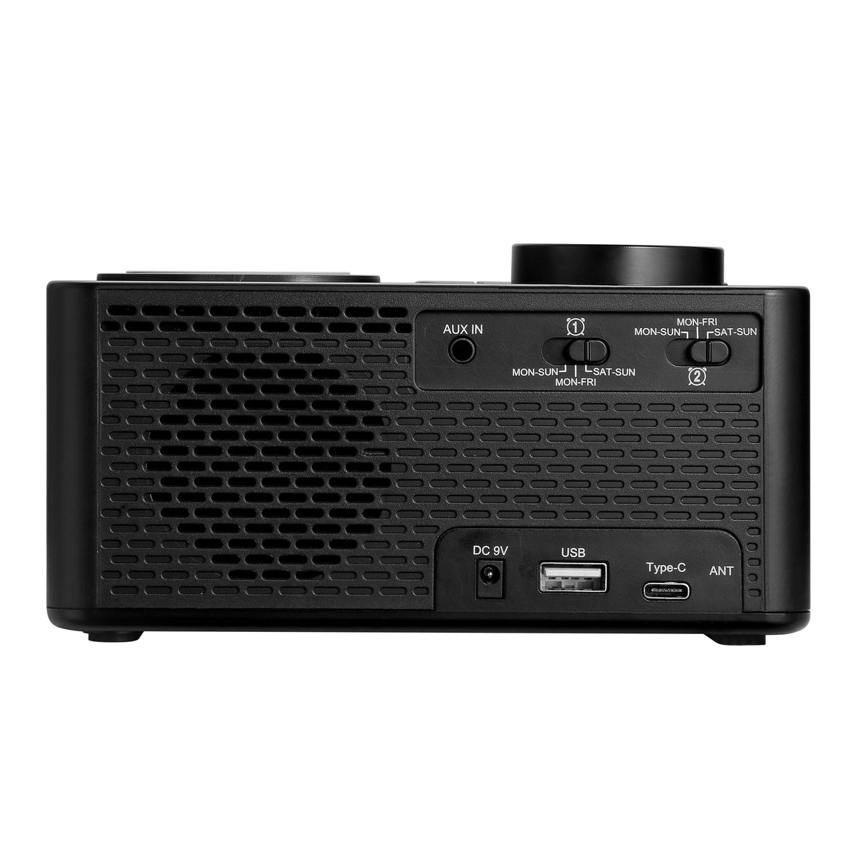 Dolphy Bluetooth Wireless Charging Clock Radio Dock Station – Black ABS, Compact Bedside Speaker with Stereo Sound, Built-in Clock & Smartphone Charging for Home or Hotel