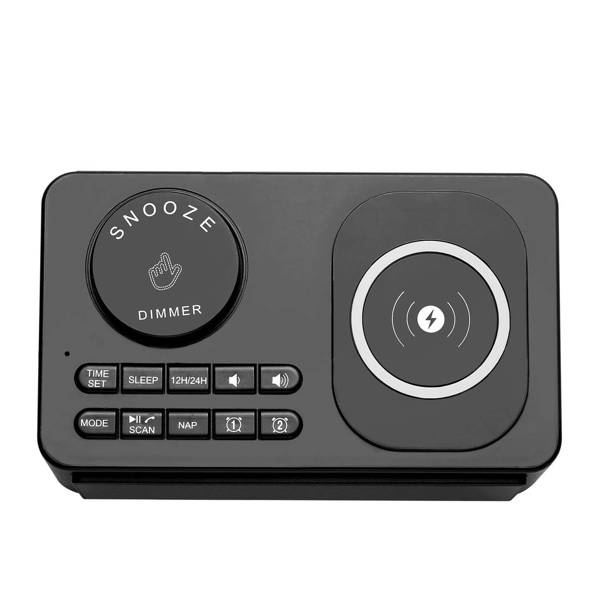 Dolphy Bluetooth Wireless Charging Clock Radio Dock Station – Black ABS, Compact Bedside Speaker with Stereo Sound, Built-in Clock & Smartphone Charging for Home or Hotel