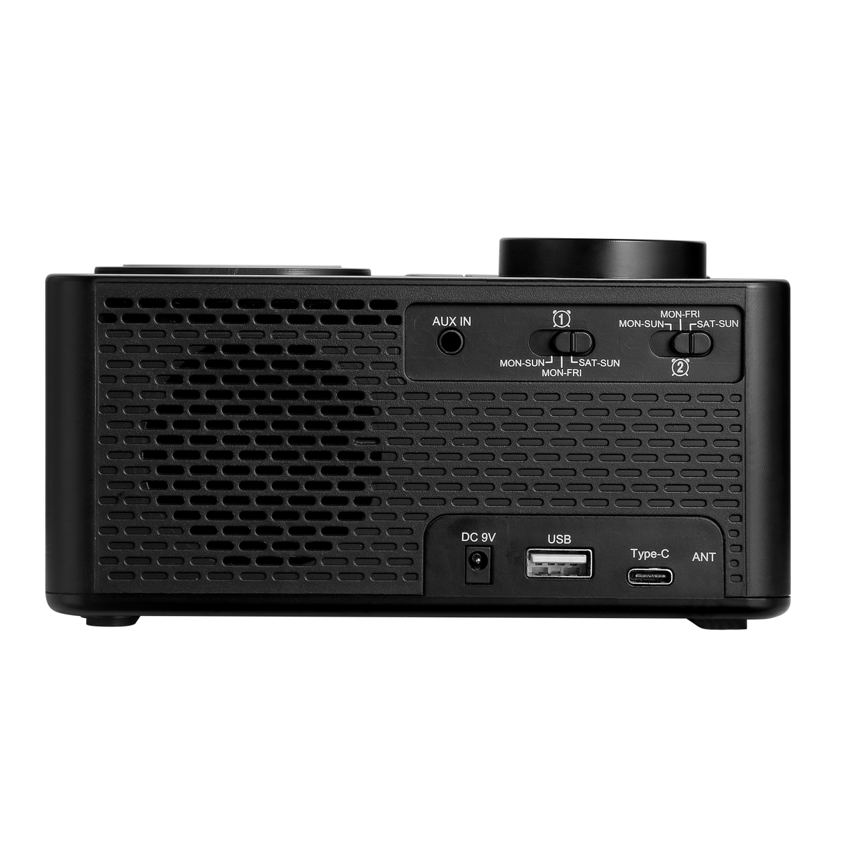 Dolphy Bluetooth Wireless Charging Clock Radio Dock Station – Black ABS, Compact Bedside Speaker with Stereo Sound, Built-in Clock & Smartphone Charging for Home or Hotel