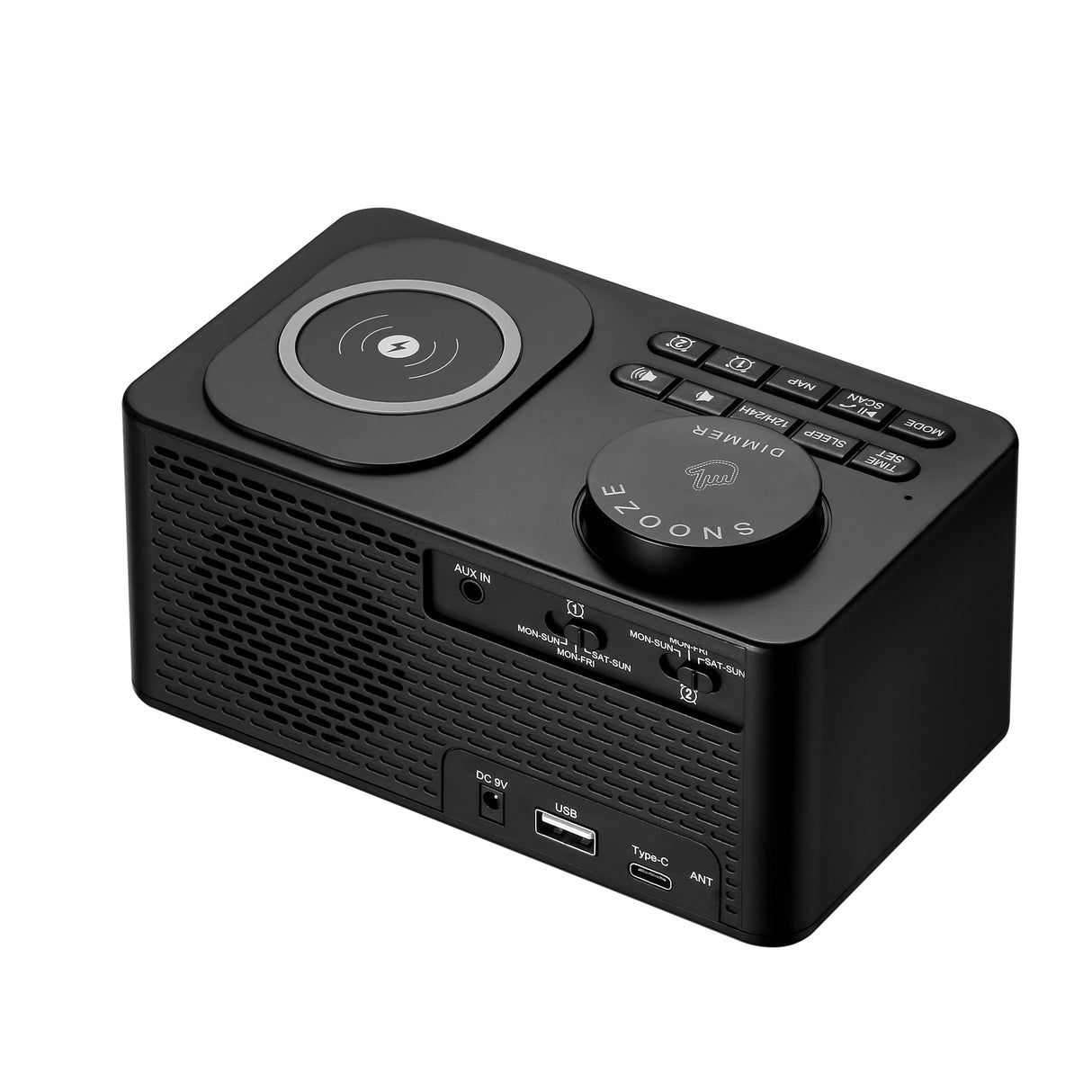 Dolphy Bluetooth Wireless Charging Clock Radio Dock Station – Black ABS, Compact Bedside Speaker with Stereo Sound, Built-in Clock & Smartphone Charging for Home or Hotel