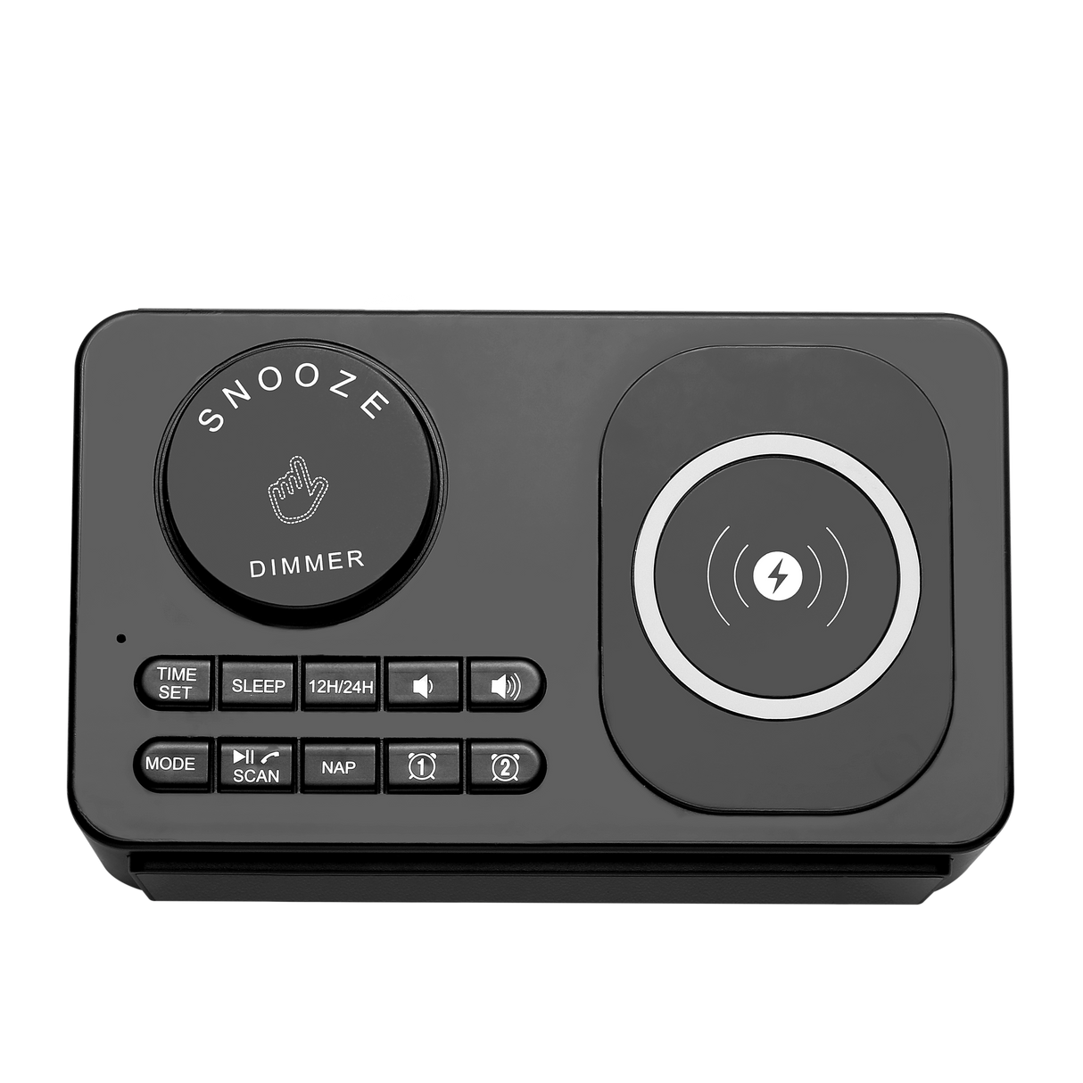 Dolphy Bluetooth Wireless Charging Clock Radio Dock Station – Black ABS, Compact Bedside Speaker with Stereo Sound, Built-in Clock & Smartphone Charging for Home or Hotel