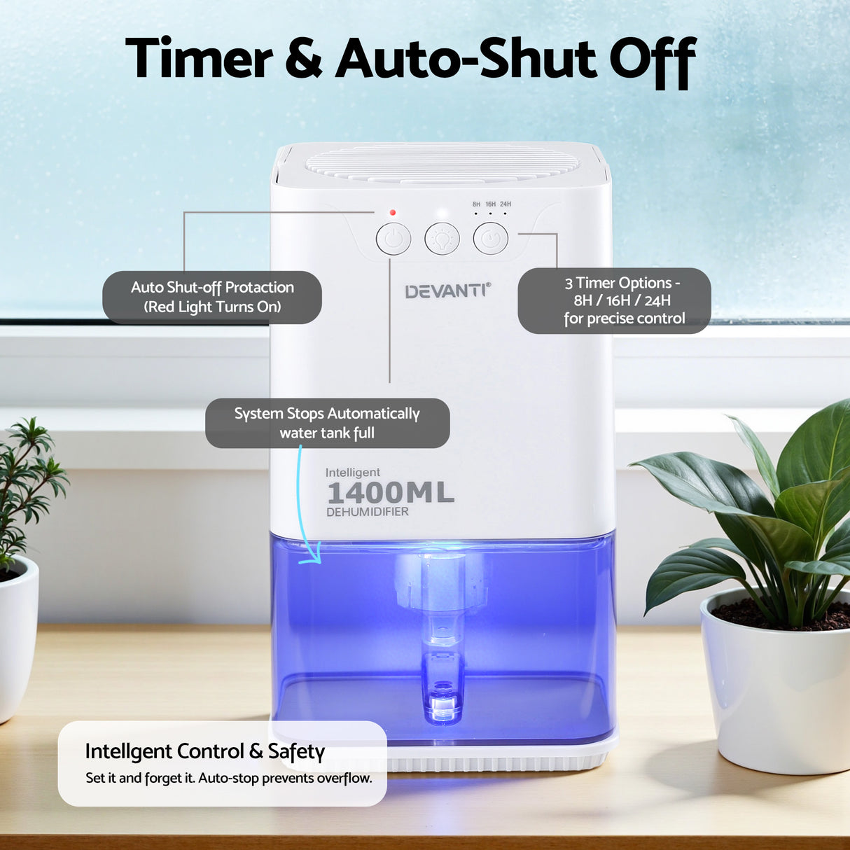 Devanti 1400ML Portable Dehumidifier Quiet Sleep Mode Timer Auto Off Bedroom White