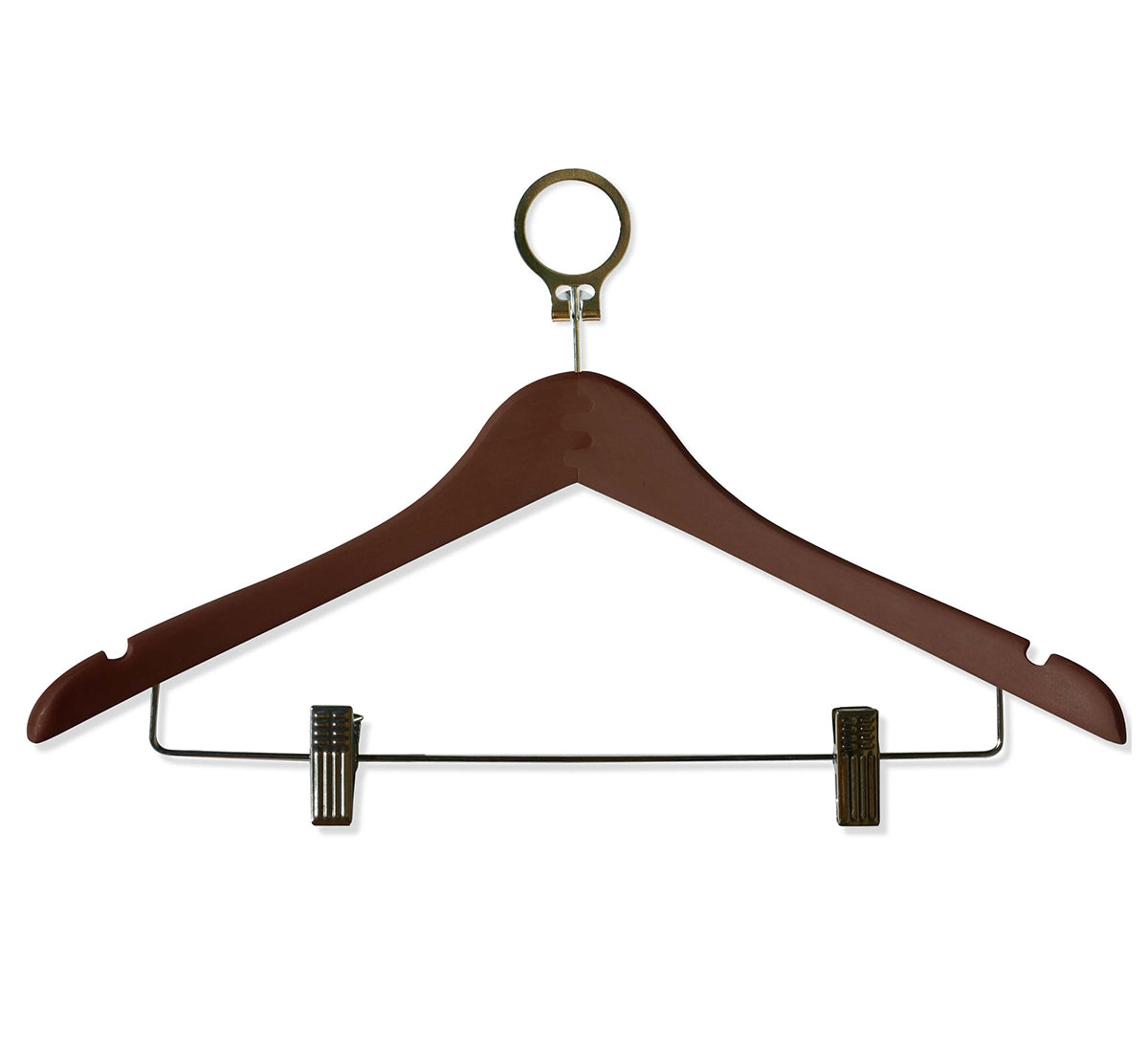 Dolphy Security Wooden Cloth Hanger – Brown Timber Hangers with Anti-Theft Ring, Grooved Rod & Non-Slip Bar – Pack of 50 – 44.5cm