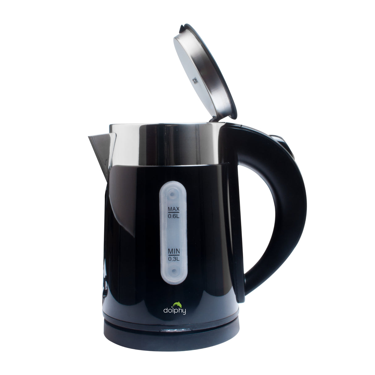 Dolphy 600ml Electric Kettle – Compact Black Stainless Steel, Fast Boil, Auto Shut-Off, 360 Swivel Base for Tea & Coffee