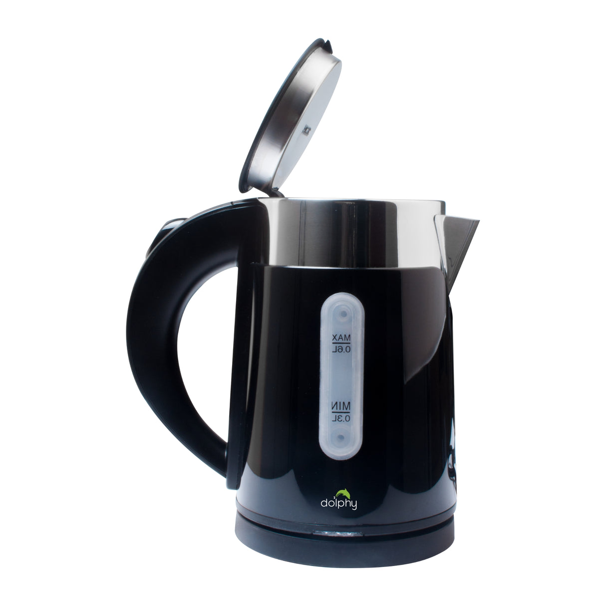 Dolphy 600ml Electric Kettle – Compact Black Stainless Steel, Fast Boil, Auto Shut-Off, 360 Swivel Base for Tea & Coffee