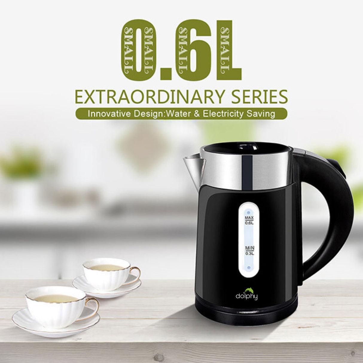 Dolphy 600ml Electric Kettle – Compact Black Stainless Steel, Fast Boil, Auto Shut-Off, 360 Swivel Base for Tea & Coffee