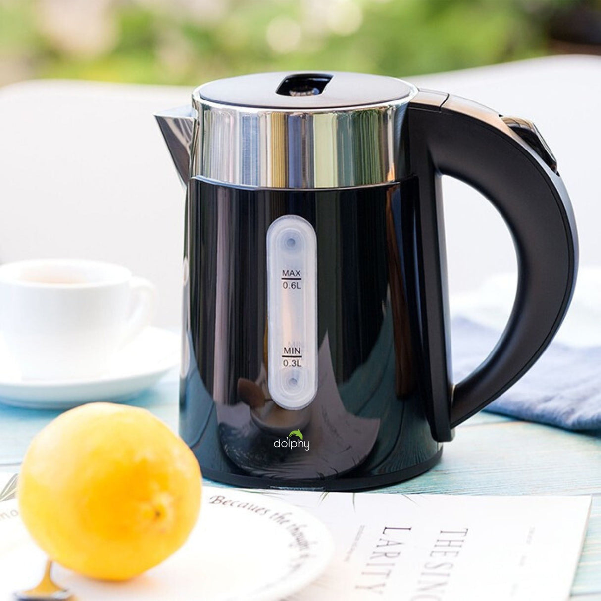 Dolphy 600ml Electric Kettle – Compact Black Stainless Steel, Fast Boil, Auto Shut-Off, 360 Swivel Base for Tea & Coffee