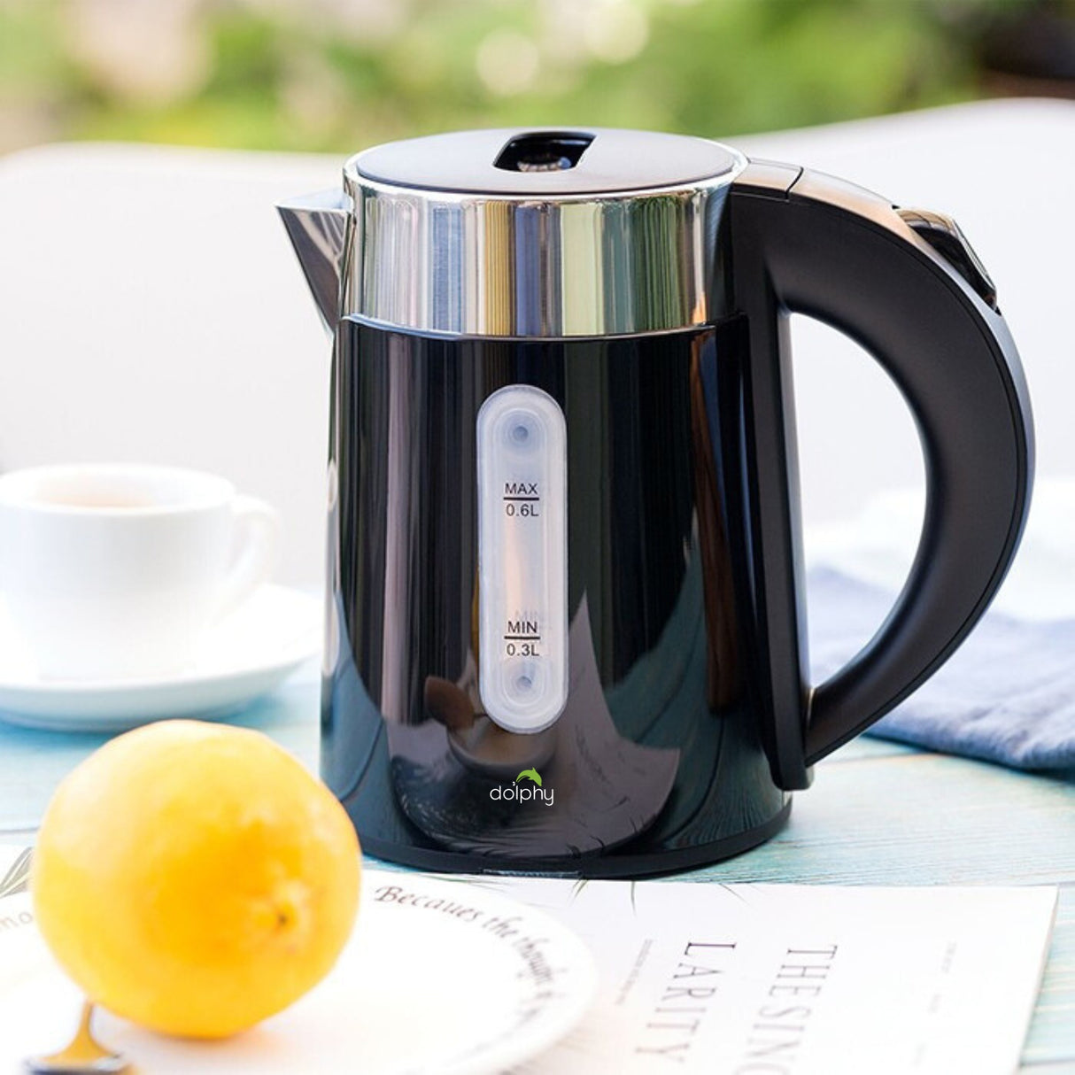 Dolphy 600ml Electric Kettle – Compact Black Stainless Steel, Fast Boil, Auto Shut-Off, 360 Swivel Base for Tea & Coffee