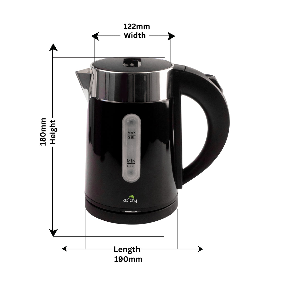 Dolphy 600ml Electric Kettle – Compact Black Stainless Steel, Fast Boil, Auto Shut-Off, 360 Swivel Base for Tea & Coffee