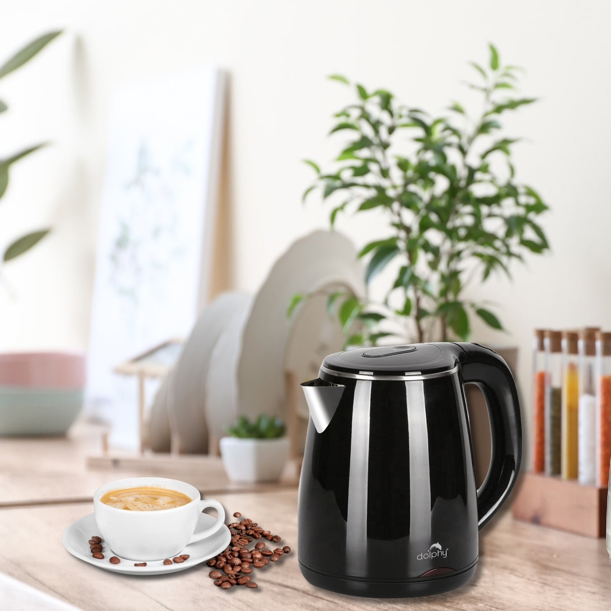 Dolphy 1.2L Electric Kettle – Quick Boil Cordless Kettle in Black, 1500–1800W, Stainless Steel & ABS for Kitchen, Hotel & Office Use