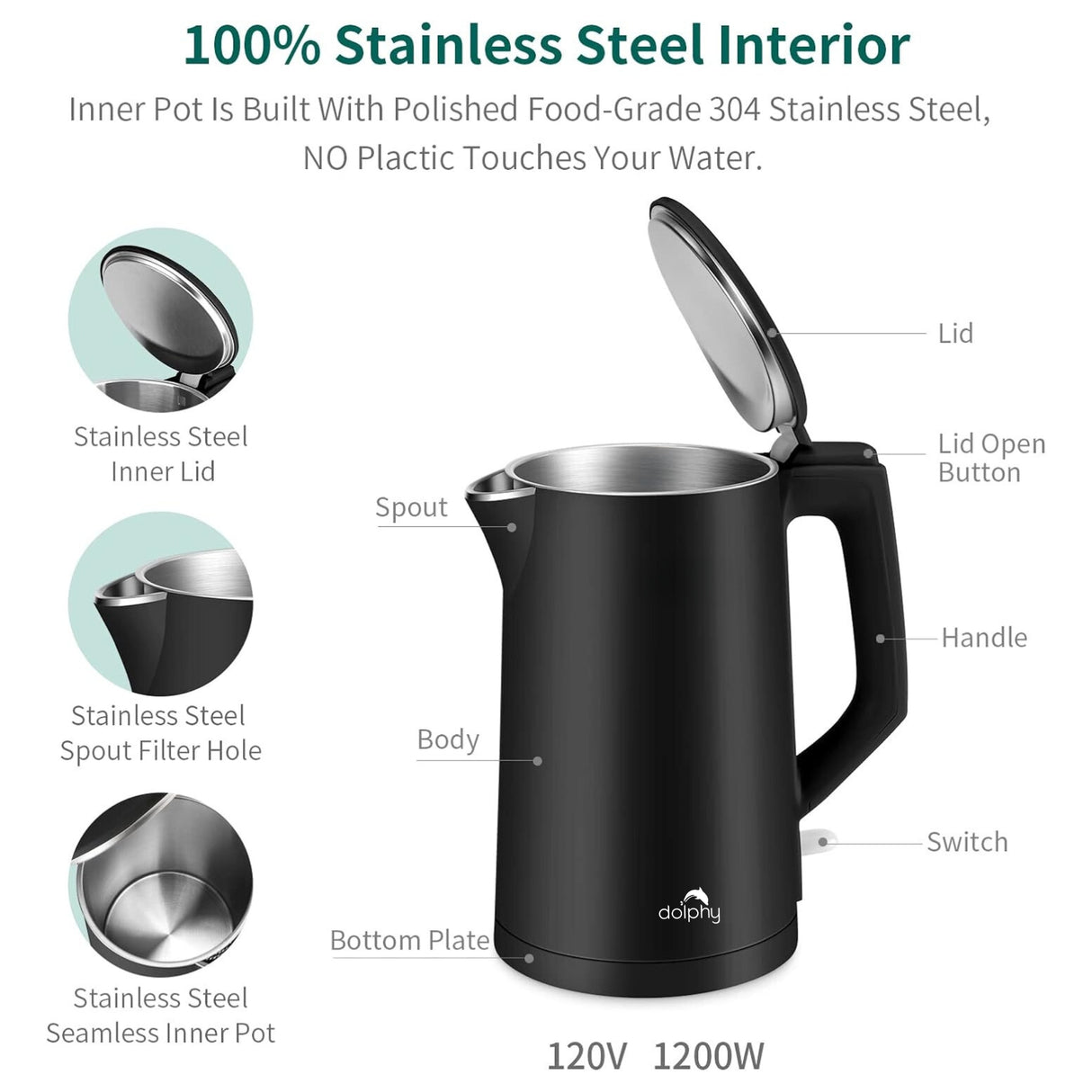 Dolphy 1L Electric Kettle – Black Stainless Steel, 360 Swivel Base, Auto Shut-Off, Cool-Touch Exterior, Fast Boil Cordless Kettle for Home, Hotel & Office