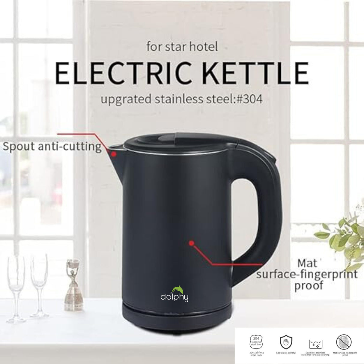 Dolphy 800ml Electric Kettle – Matte Black, Quick Boil, Auto Shut-Off, Stainless Steel, Compact Hot Water Boiler for Tea & Coffee
