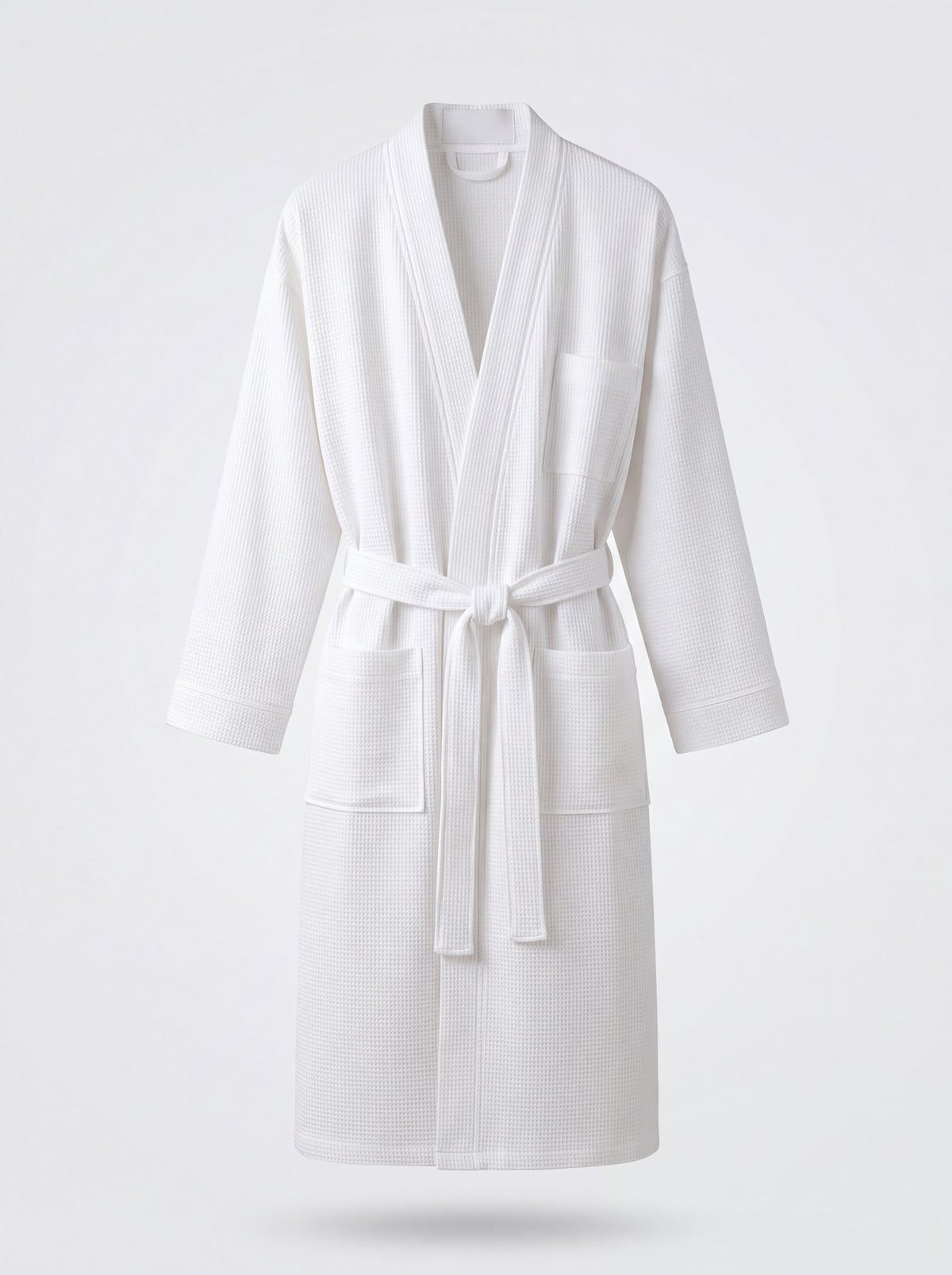 White waffle bathrobe in poly cotton with kimono collar and self belt