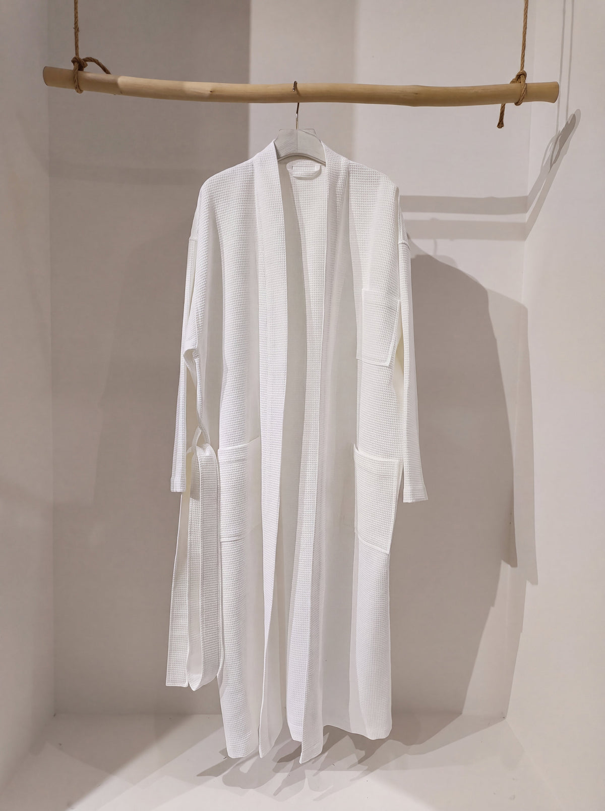 White waffle bathrobe in poly cotton with kimono collar and self belt