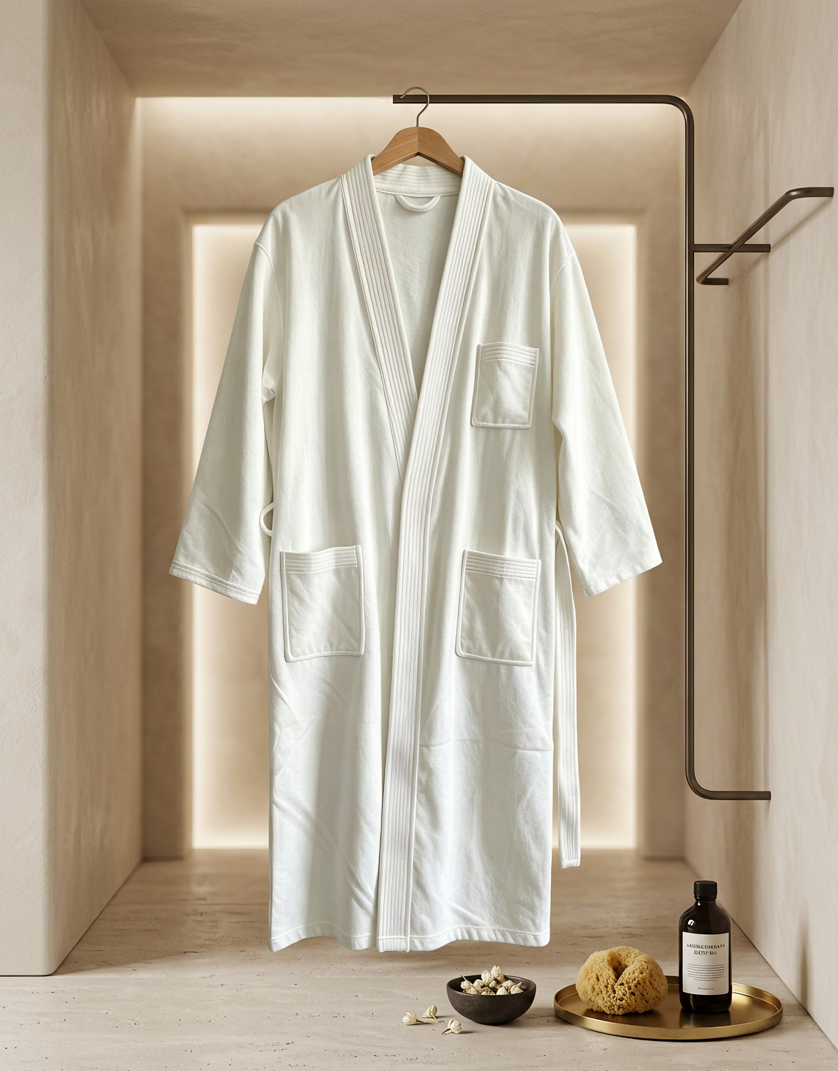 White cotton velour bathrobe with kimono collar and self belt