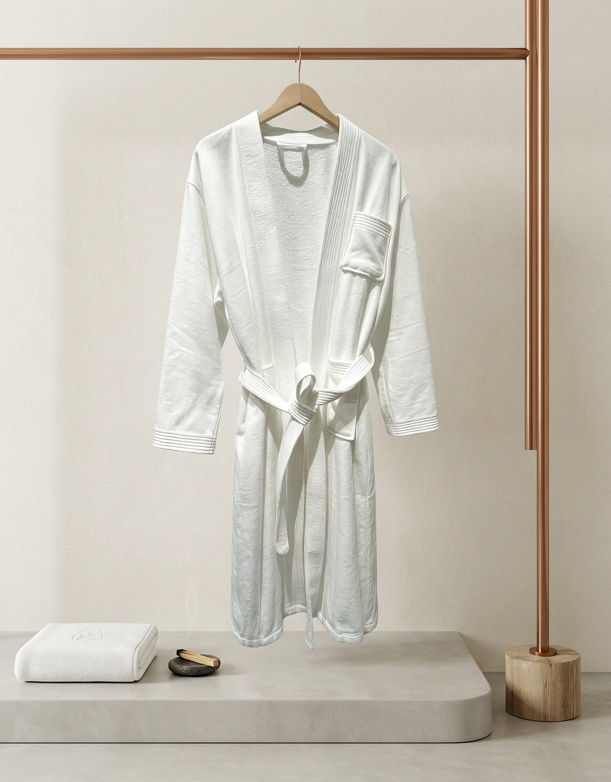 White cotton velour bathrobe with kimono collar and self belt