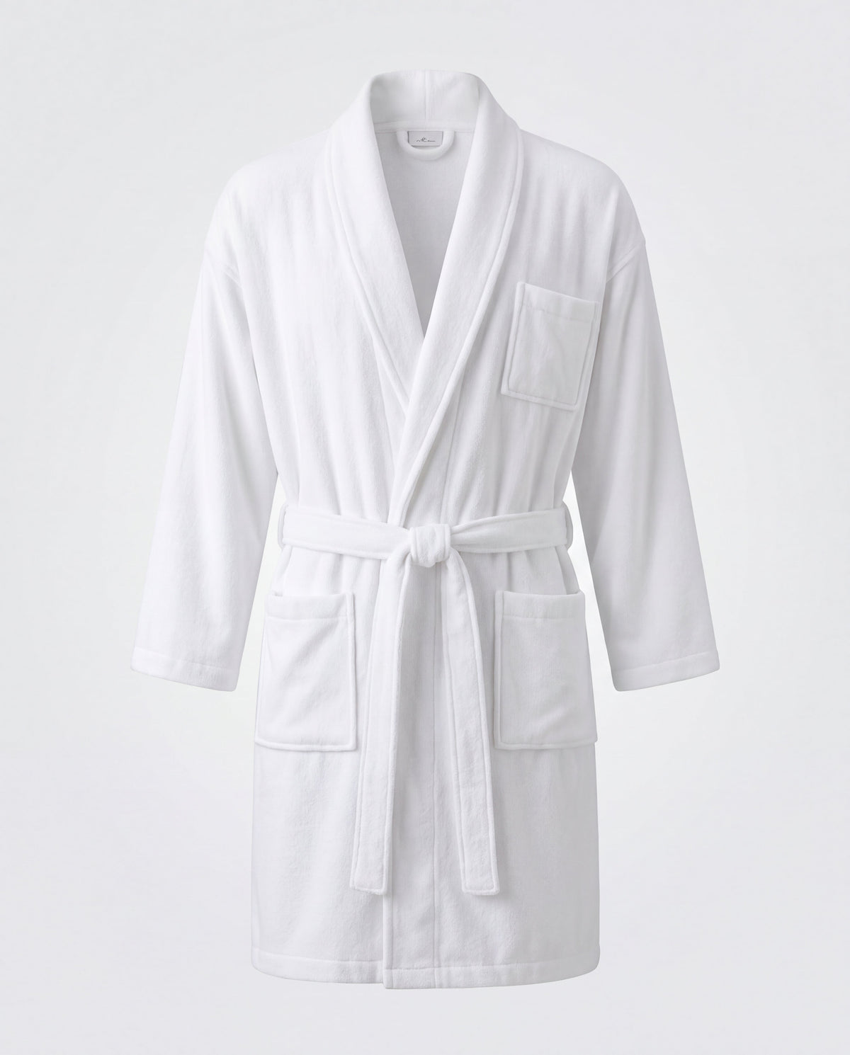 White plush microfibre bathrobe with kimono collar and self belt