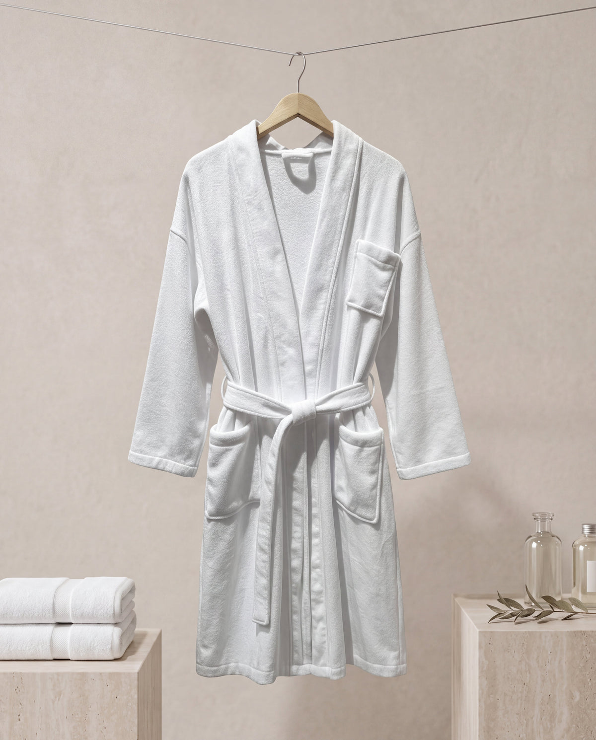 White plush microfibre bathrobe with kimono collar and self belt