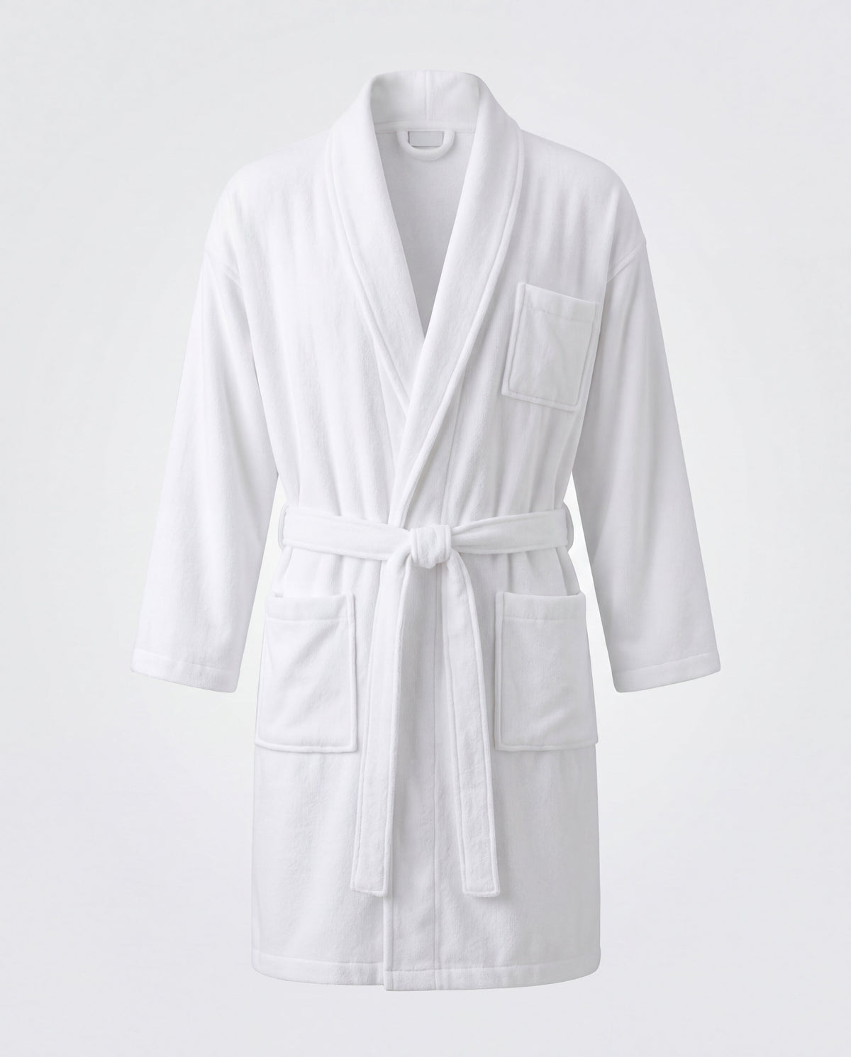 White plush microfibre bathrobe with kimono collar and self belt