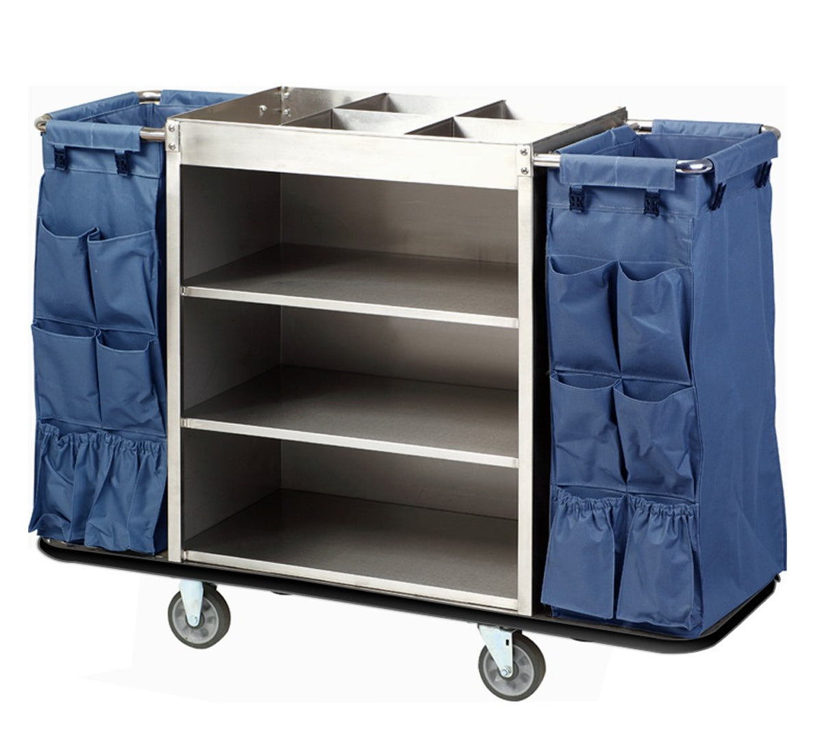 Dolphy Gray Housekeeping Trolley Cart with Waste Bin – Commercial Cleaning Cart with Shelves, Smooth Wheels & Durable Steel Frame for Hotels & Offices