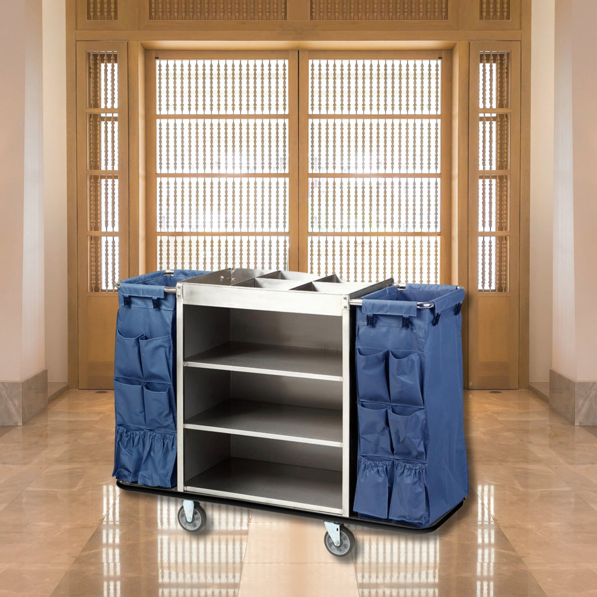 Dolphy Gray Housekeeping Trolley Cart with Waste Bin – Commercial Cleaning Cart with Shelves, Smooth Wheels & Durable Steel Frame for Hotels & Offices