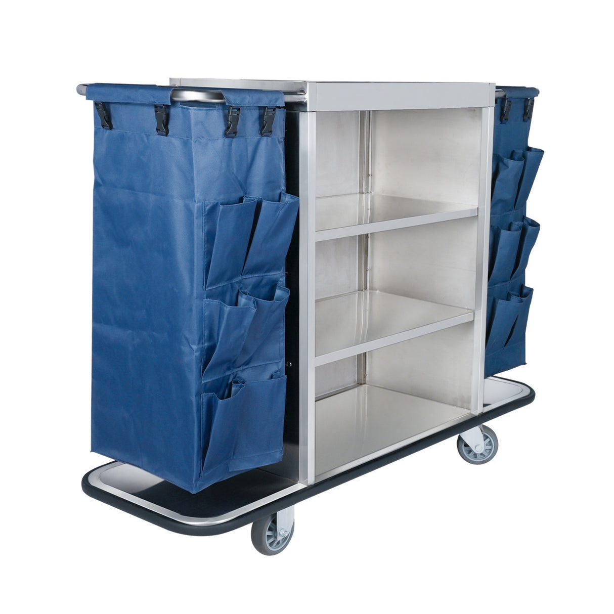 Dolphy Gray Housekeeping Trolley Cart with Waste Bin – Commercial Cleaning Cart with Shelves, Smooth Wheels & Durable Steel Frame for Hotels & Offices